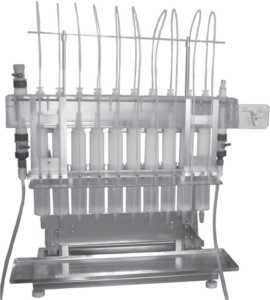 Десятипозиционный дозатор ДЖ-10 для дозирования воды в емкости кассеты КБМ. Используют вместо дозатора Клычникова в случае необходимости повышения производительности аналитических работ